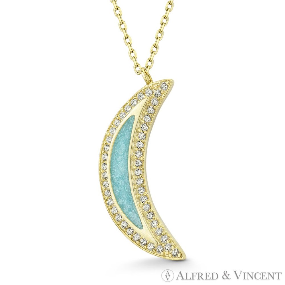 Crescent Moon Charm Jade, Pearl, or Lapis & CZ Pendant in .925 Sterling Silver